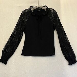 Black Lace Top Blouse Tie Front Fairygoth Dark Romantic Long Sleeve Whimsygoth L